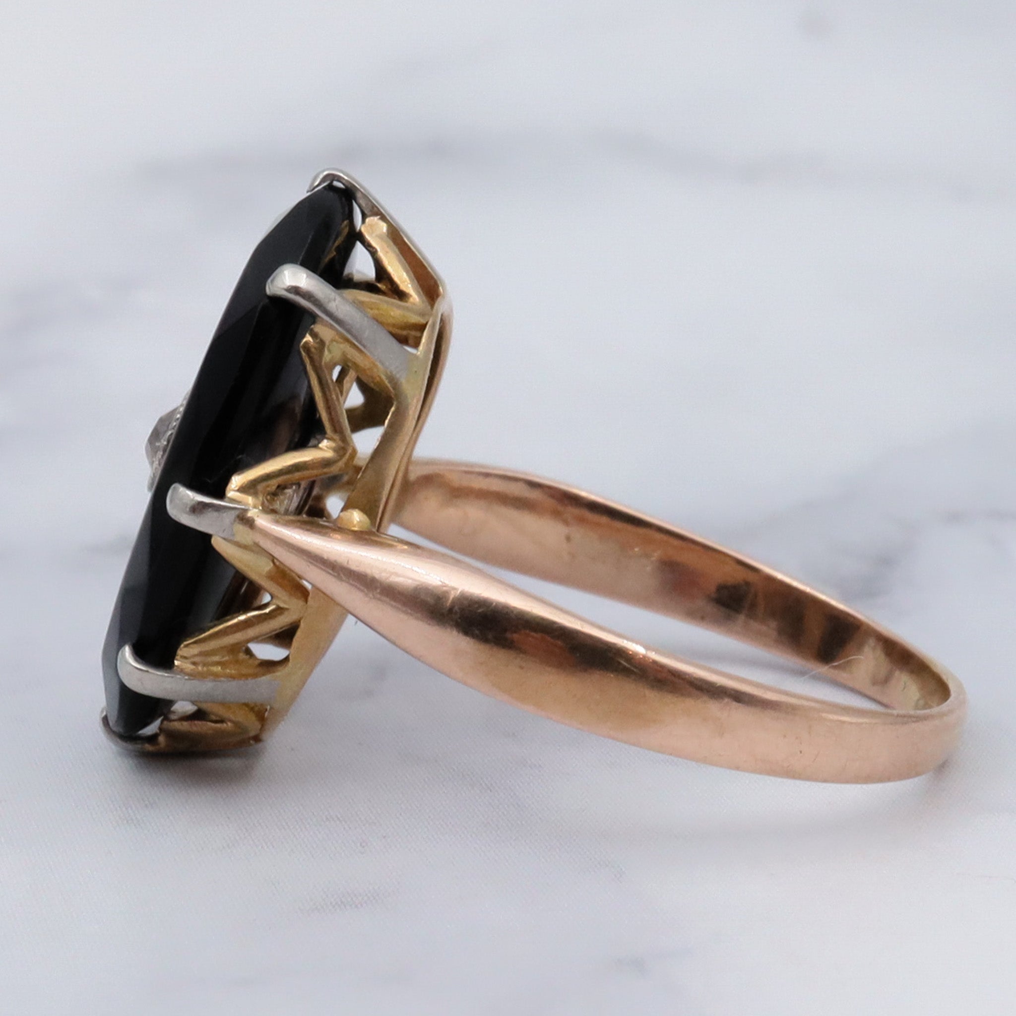 Antique Victorian 18k gold faceted onyx with old European cut diamond center with platinum tip ring, sz 6